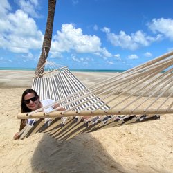 Maritim stribet hngekje med Trstok i Bl og Naturhvid