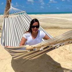 Maritim stribet hngekje med Trstok i Bl og Naturhvid