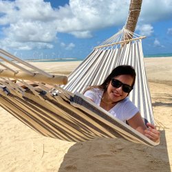 Maritim stribet hngekje med Trstok i Bl og Naturhvid