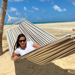 Maritim stribet hngekje med Trstok i Bl og Naturhvid