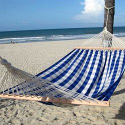 Bl&aring; naturhvid H&aelig;ngek&oslash;je i stilrent ternet stof.