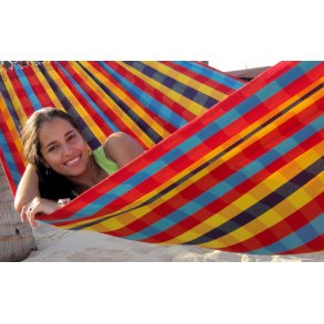 Lille hængekøje til 1 person i festligt farverigt ternet stof